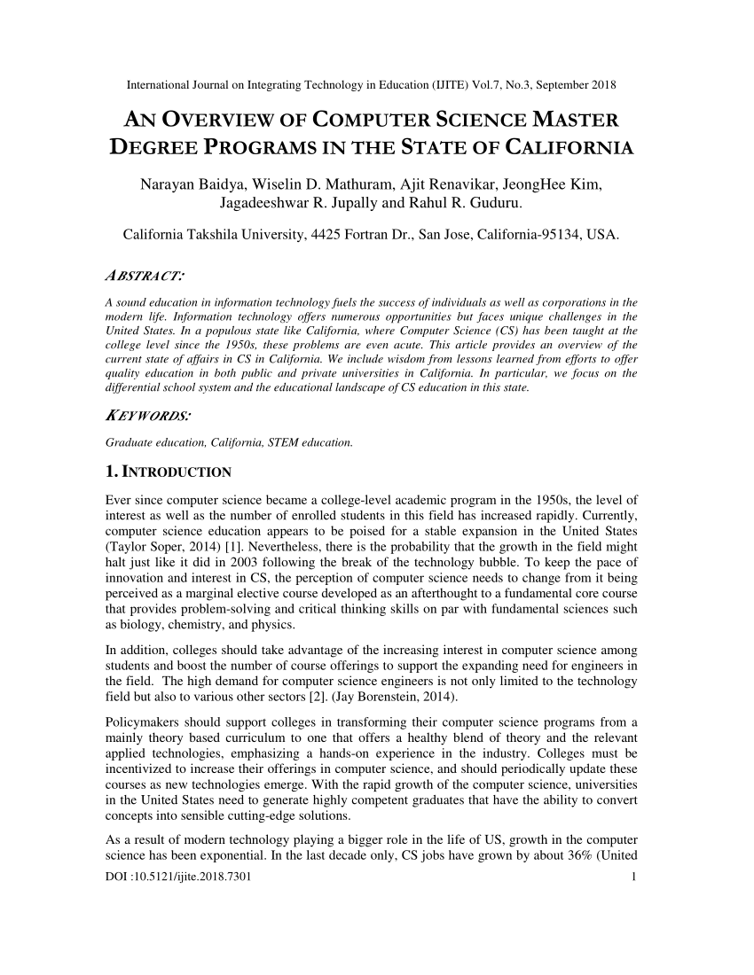 Pdf An Overview Of Computer Science Master Degree Programs In The State Of California