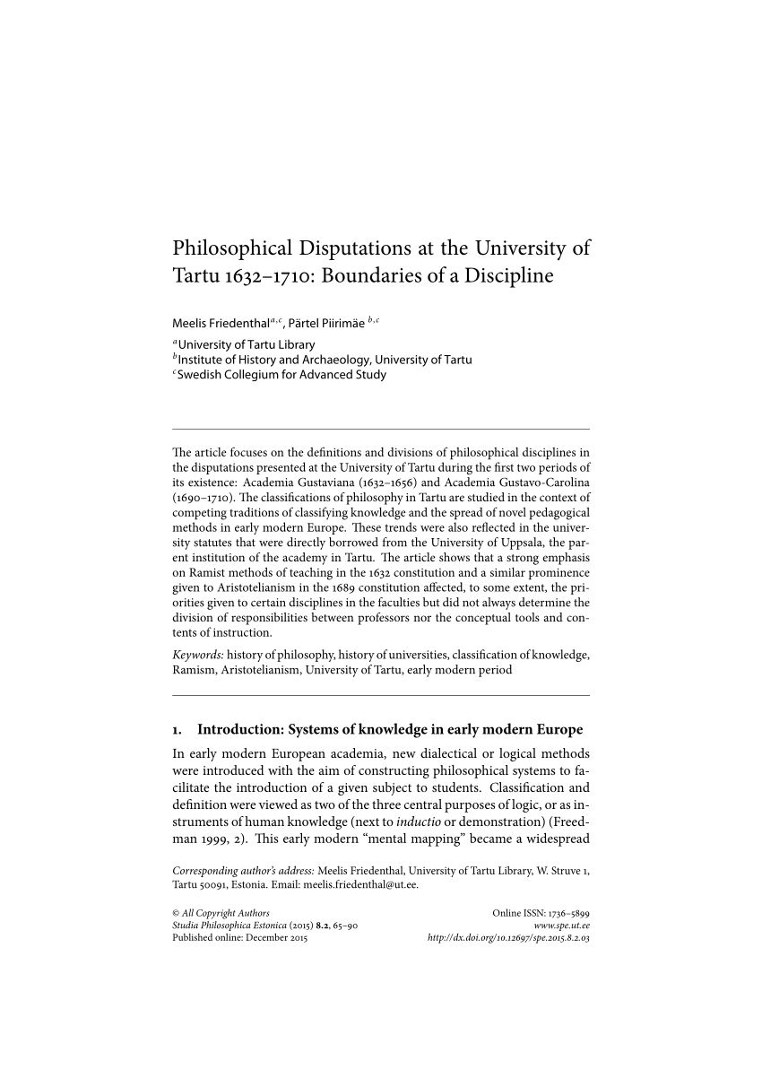 Pdf Philosophical Disputations At The University Of Tartu 1632 1710 Boundaries Of A Discipline