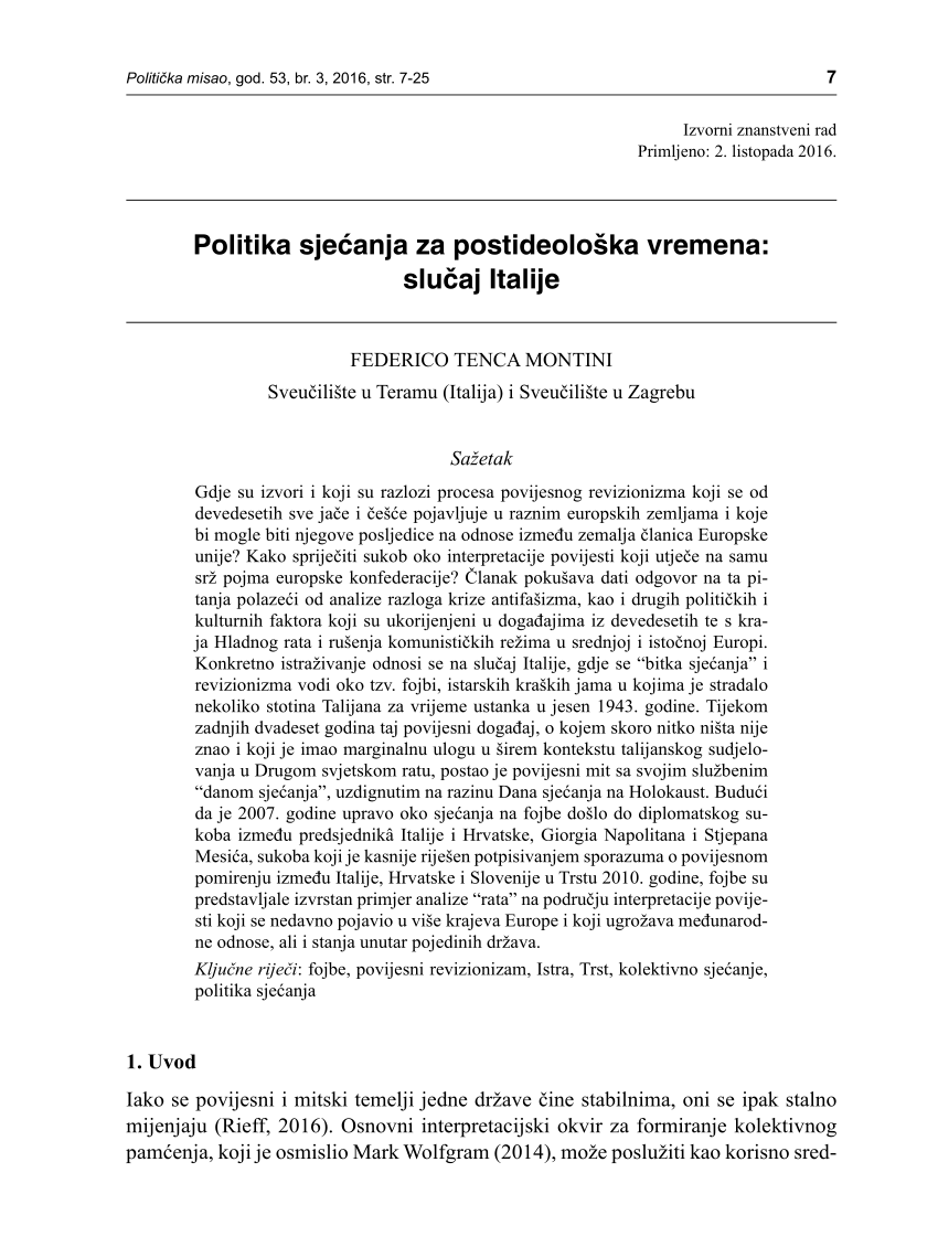 Pdf Politika Sjecanja Za Postideoloska Vremena Slucaj Italije