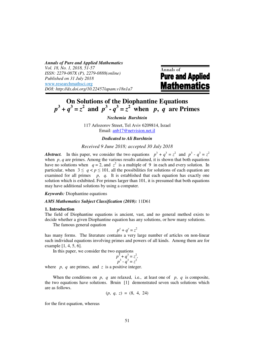 Pdf On Solutions Of The Diophantine Equations P3 Q3 Z2 And P3 Q3 Z2 When P Q Are Primes
