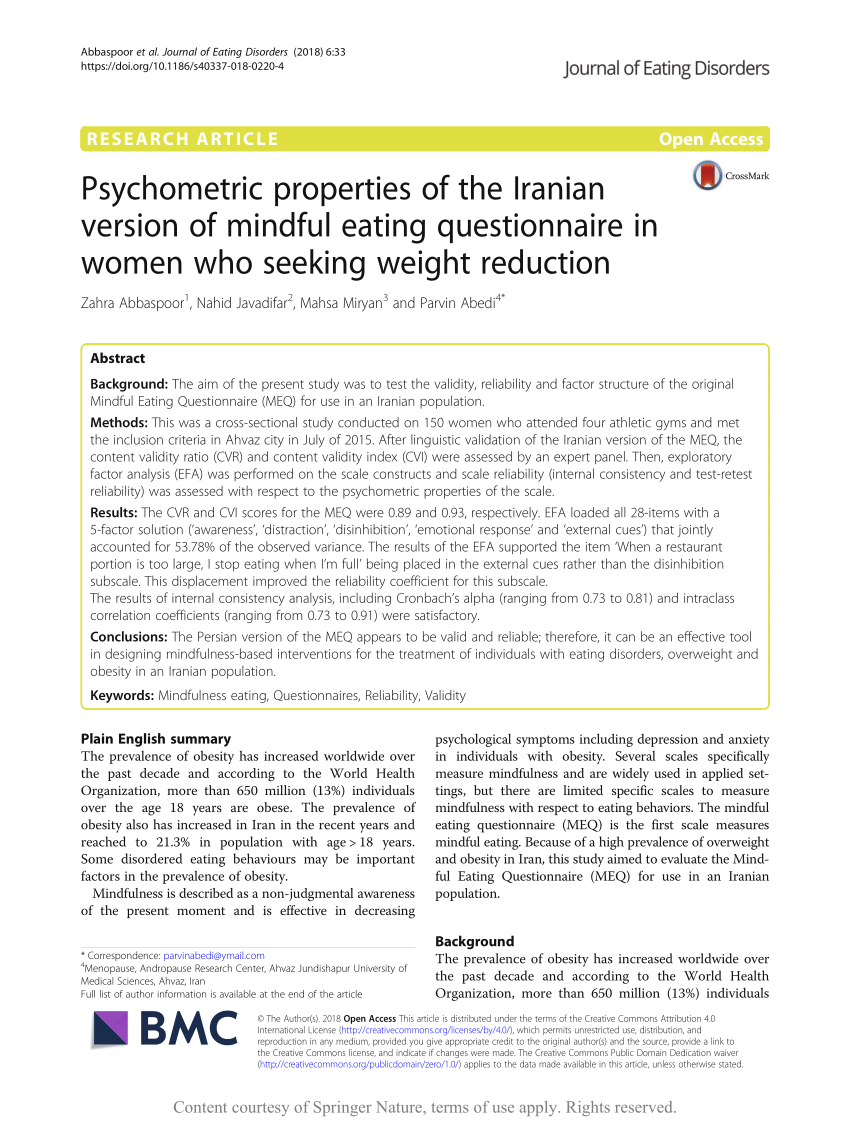 Pdf Psychometric Properties Of The Iranian Version Of Mindful Eating
