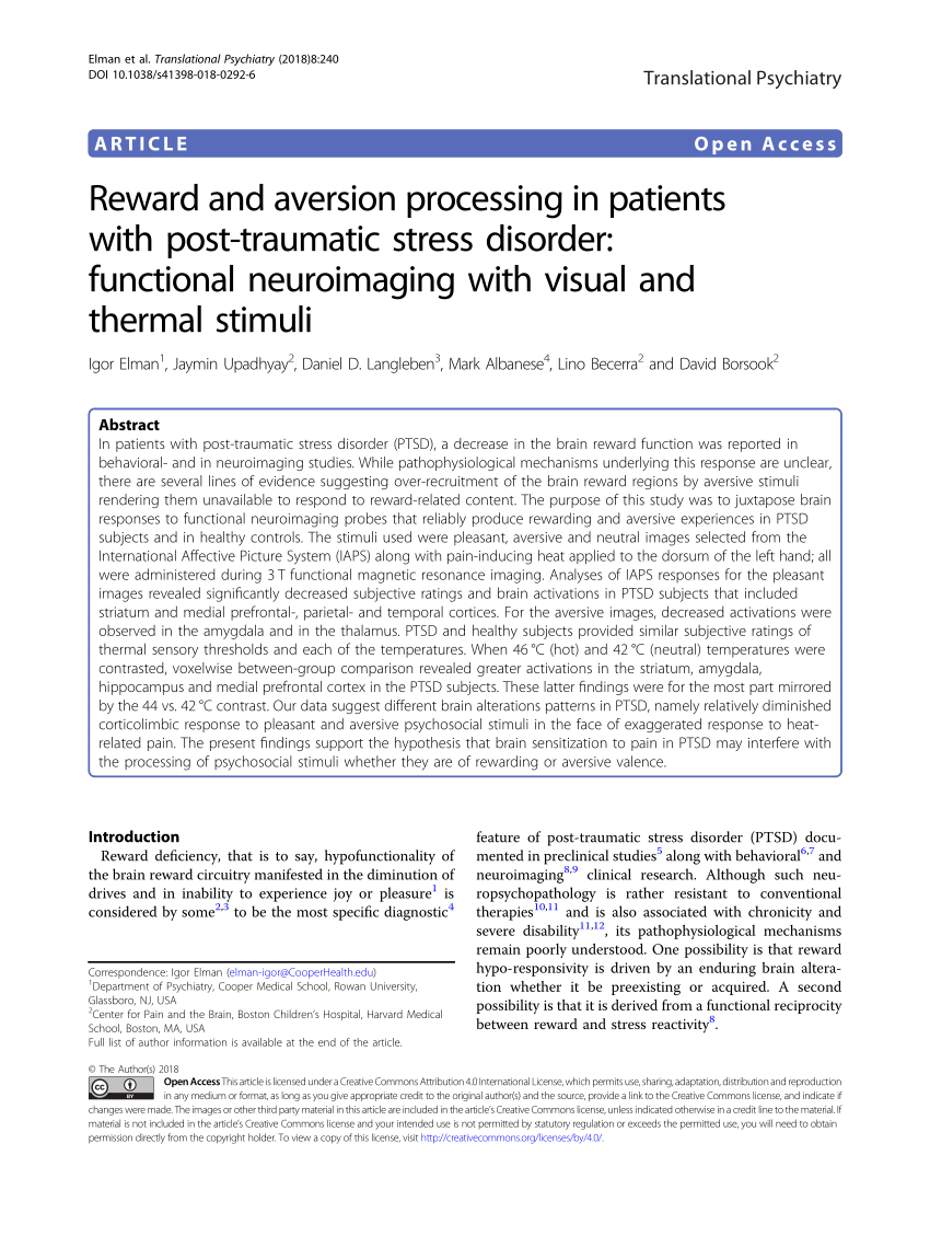 Reward and aversion processing in patients with post-traumatic stress  disorder: functional neuroimaging with visual and thermal stimuli