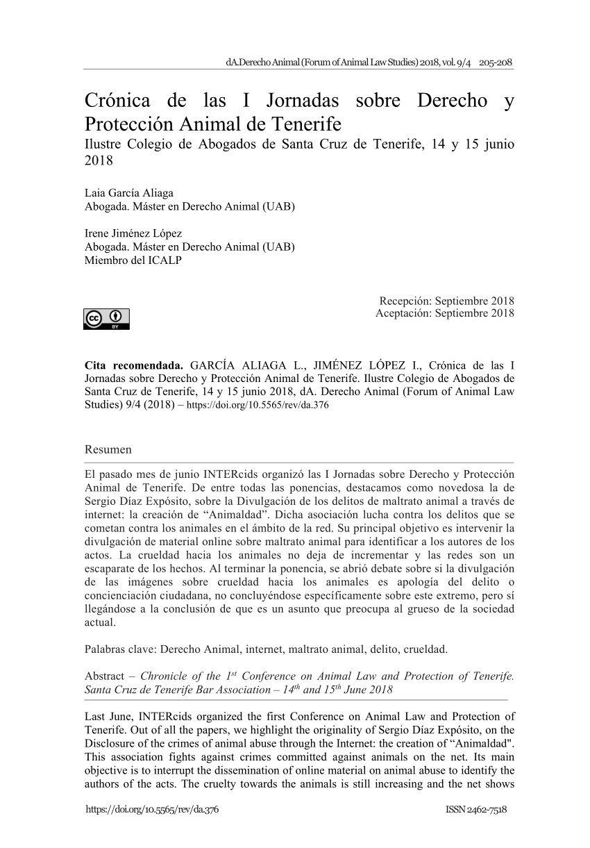 Pdf Chronicle Of The 1st Conference On Animal Law And Protection Of Tenerife Santa Cruz De Tenerife Bar Association 14th And 15th June 18