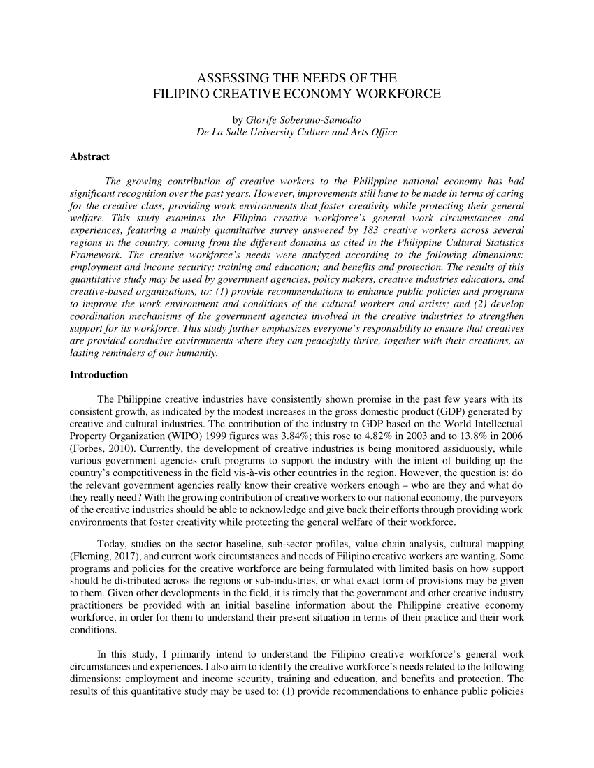 Pdf Assessing The Needs Of The Filipino Creative Economy Workforce