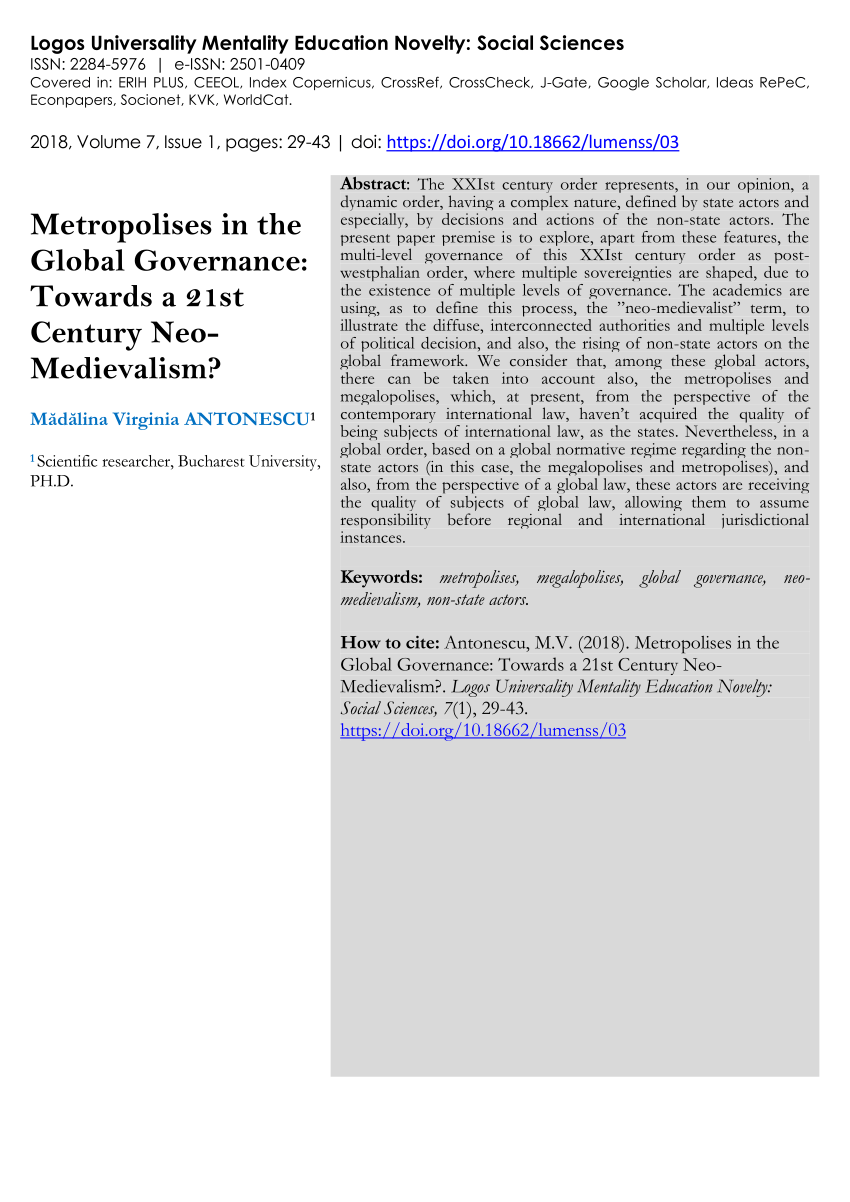 Pdf Metropolises In The Global Governance Towards A 21st Century Neo Medievalism 