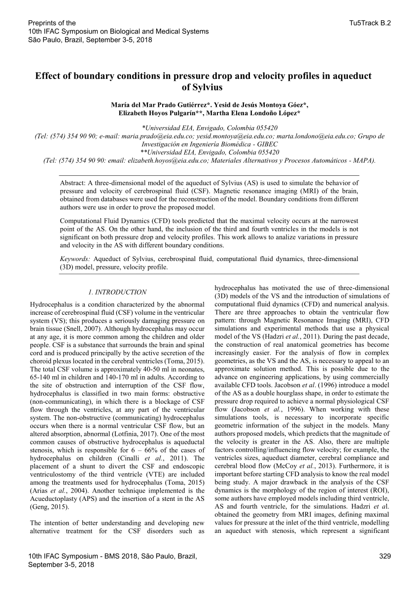 Pdf Effect Of Boundary Conditions In Pressure Drop And Velocity Profiles In Aqueduct Of Sylvius