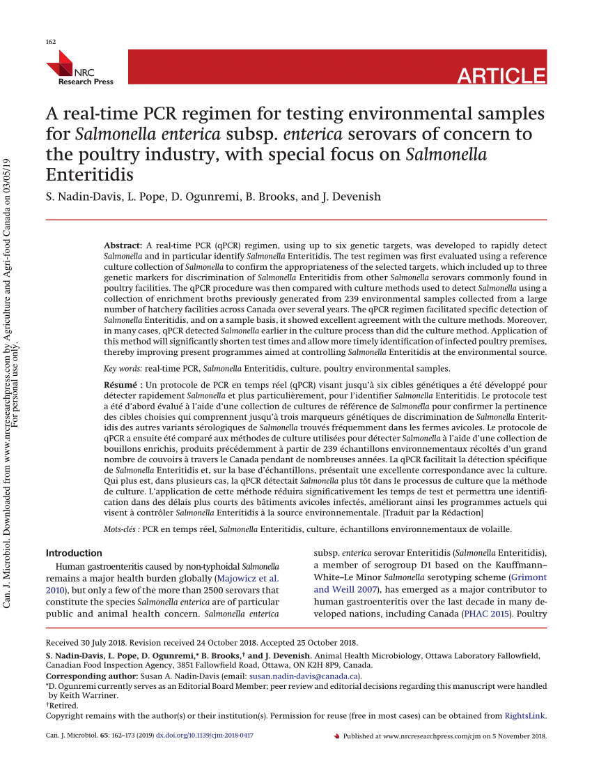 Pdf A Real Time Pcr Regimen For Testing Environmental Samples For Salmonella Enterica Subsp Enterica Serovars Of Concern To The Poultry Industry With Special Focus On Salmonella Enteritidis