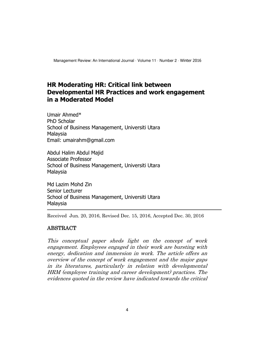 Pdf Hr Moderating Hr Critical Link Between Developmental Hr Practices And Work Engagement In A Moderated Model