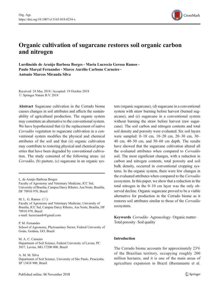 Pdf Organic Cultivation Of Sugarcane Restores Soil Organic Carbon And Nitrogen