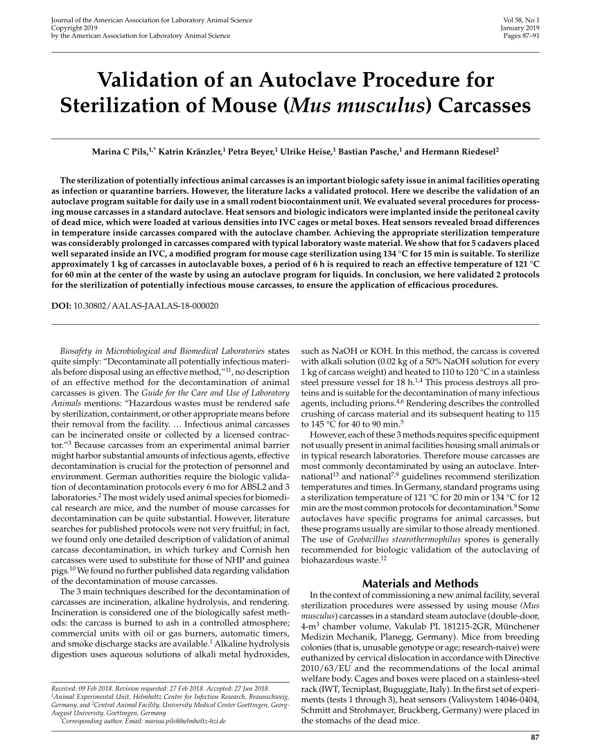 PDF) Validation of an Autoclave Procedure for Sterilization of ...