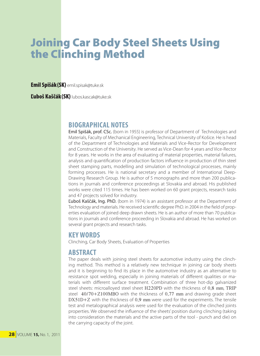 (PDF) Joining Car Body Steel Sheets Using the Clinching Method