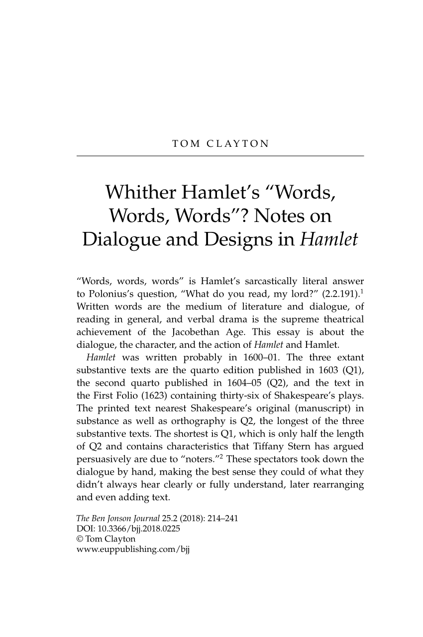 Pdf Whither Hamlet S Words Words Words Notes On Dialogue And Designs In Hamlet
