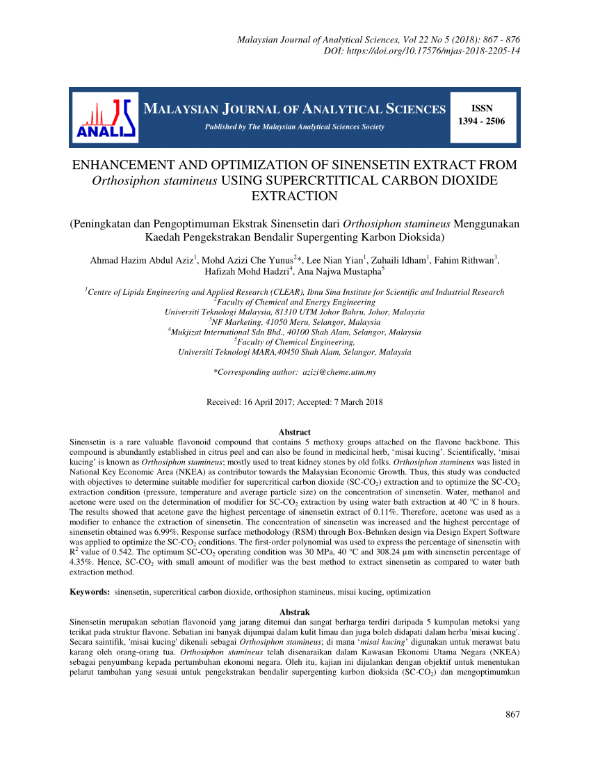 Pdf Enhancement And Optimization Of Sinensetin Extract From Orthosiphon Stamineus Using Supercrtitical Carbon Dioxide Extraction