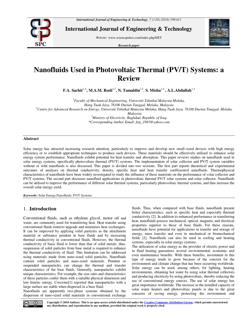 Pdf Nanofluids Used In Photovoltaic Thermal Pv T Systems A Review