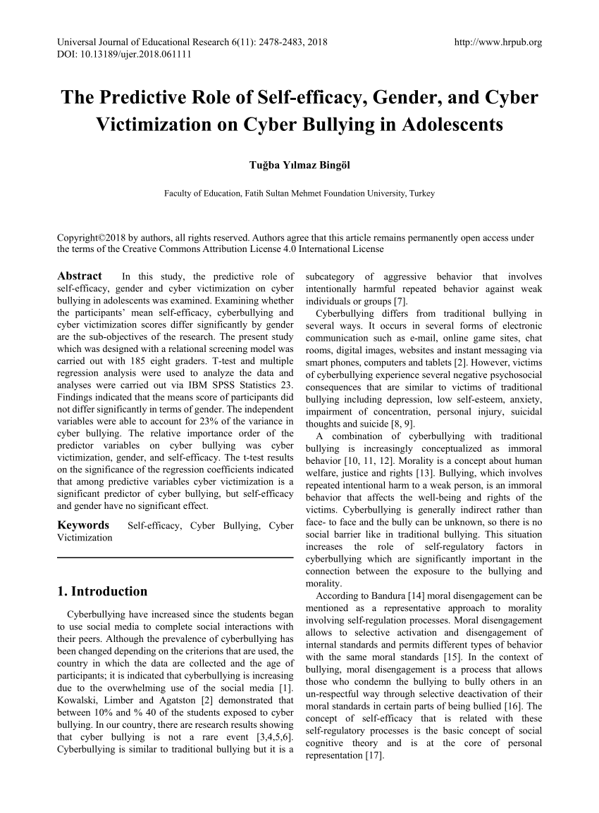 Pdf The Predictive Role Of Self Efficacy Gender And Cyber Victimization On Cyber Bullying In Adolescents