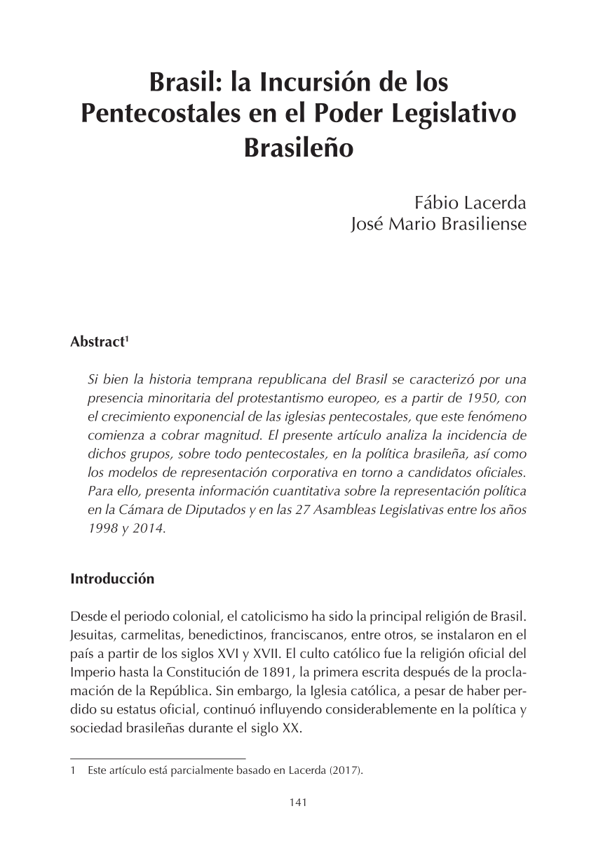 PDF) Brasil: la Incursión de los Pentecostales en el Poder Legislativo  Brasileño