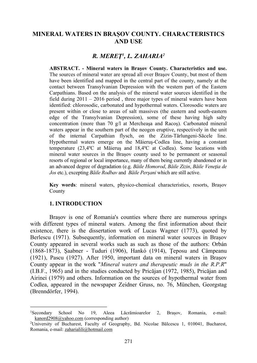 Pdf Mineral Waters In BraÈ™ov County Characteristics And Use