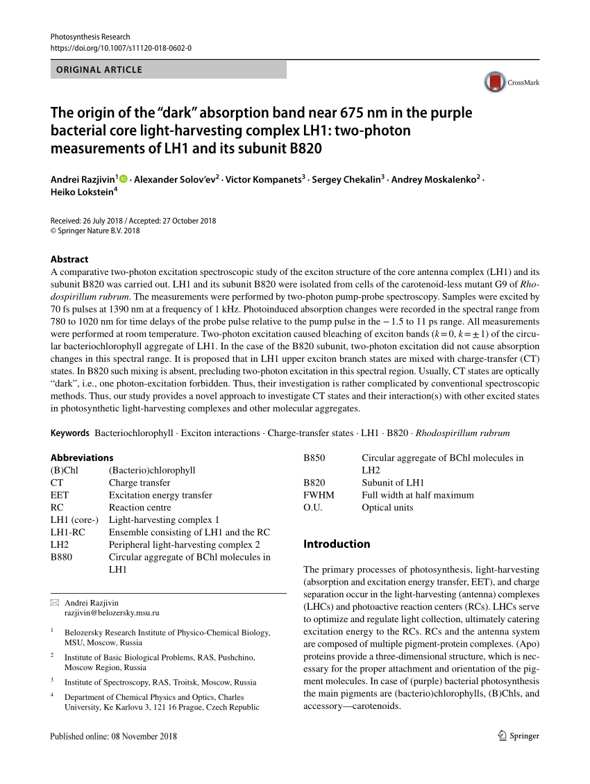 Pdf The Origin Of The Dark Absorption Band Near 675 Nm In The Purple Bacterial Core Light Harvesting Complex Lh1 Two Photon Measurements Of Lh1 And Its Subunit B0