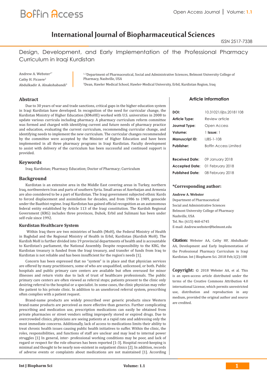 Pdf Design Development And Early Implementation Of The Professional Pharmacy Curriculum In Iraqi Kurdistan