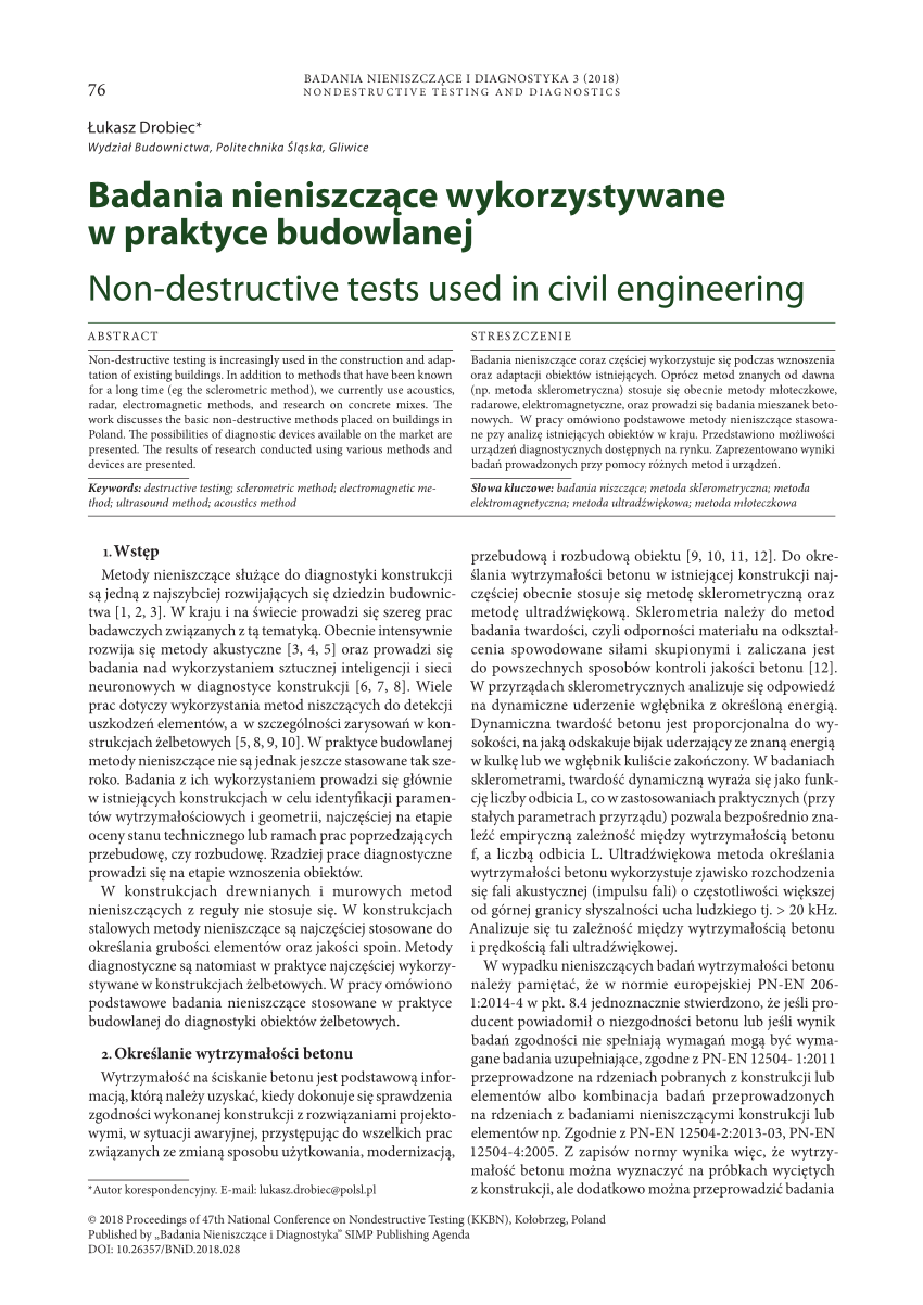 Pdf Badania Nieniszczące Wykorzystywane W Praktyce Budowlanej 1074