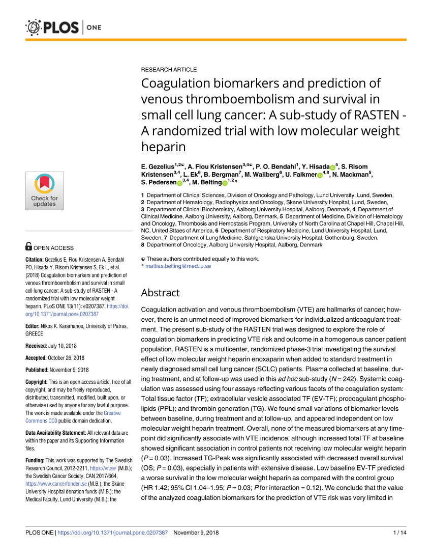 Pdf Coagulation Biomarkers And Prediction Of Venous Thromboembolism And Survival In Small Cell Lung Cancer A Sub Study Of Rasten A Randomized Trial With Low Molecular Weight Heparin