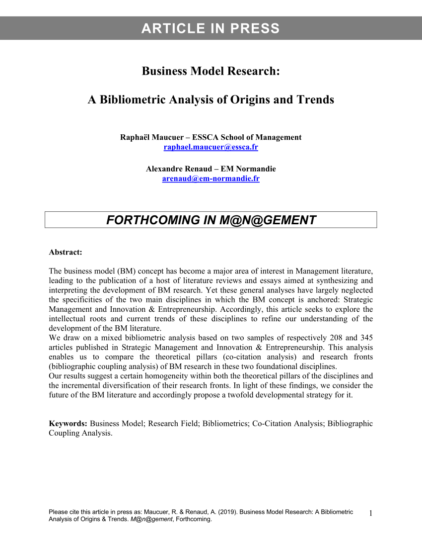 Pdf Business Model Research A Bibliometric Analysis Of Origins And Trends