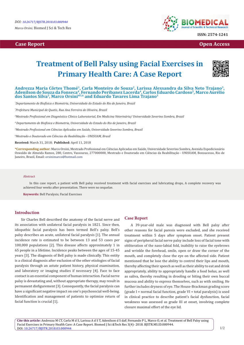 Pdf Treatment Of Bell Palsy Using Facial Exercises In Primary Health Care A Case Report