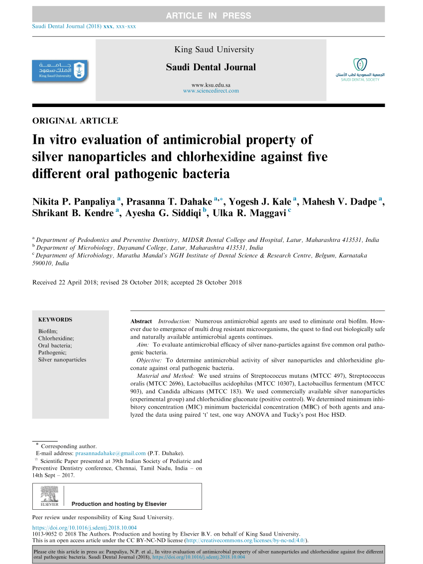 Pdf In Vitro Evaluation Of Antimicrobial Property Of Silver Nanoparticles And Chlorhexidine Against Five Different Oral Pathogenic Bacteria