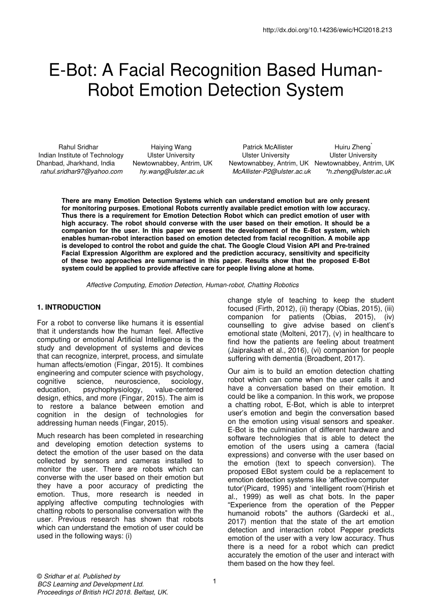 Pdf E Bot A Facial Recognition Based Human Robot Emotion Detection System 