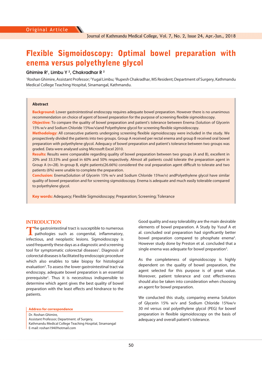 Pdf Flexible Sigmoidoscopy Optimal Bowel Preparation With Enema Versus Polyethylene Glycol