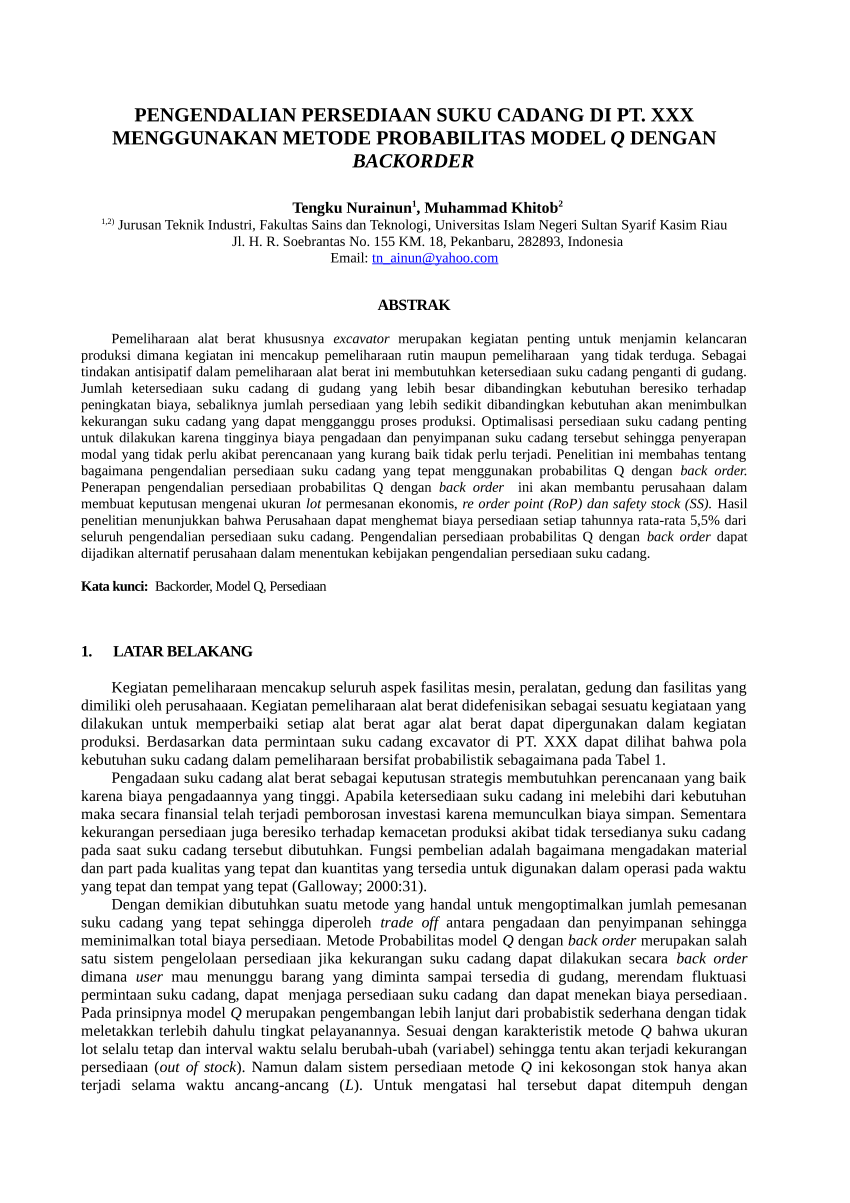 (PDF) Pengendalian Persediaan Suku Cadang di PT. XXX Menggunakan Metode Probabilitas Model Q ...