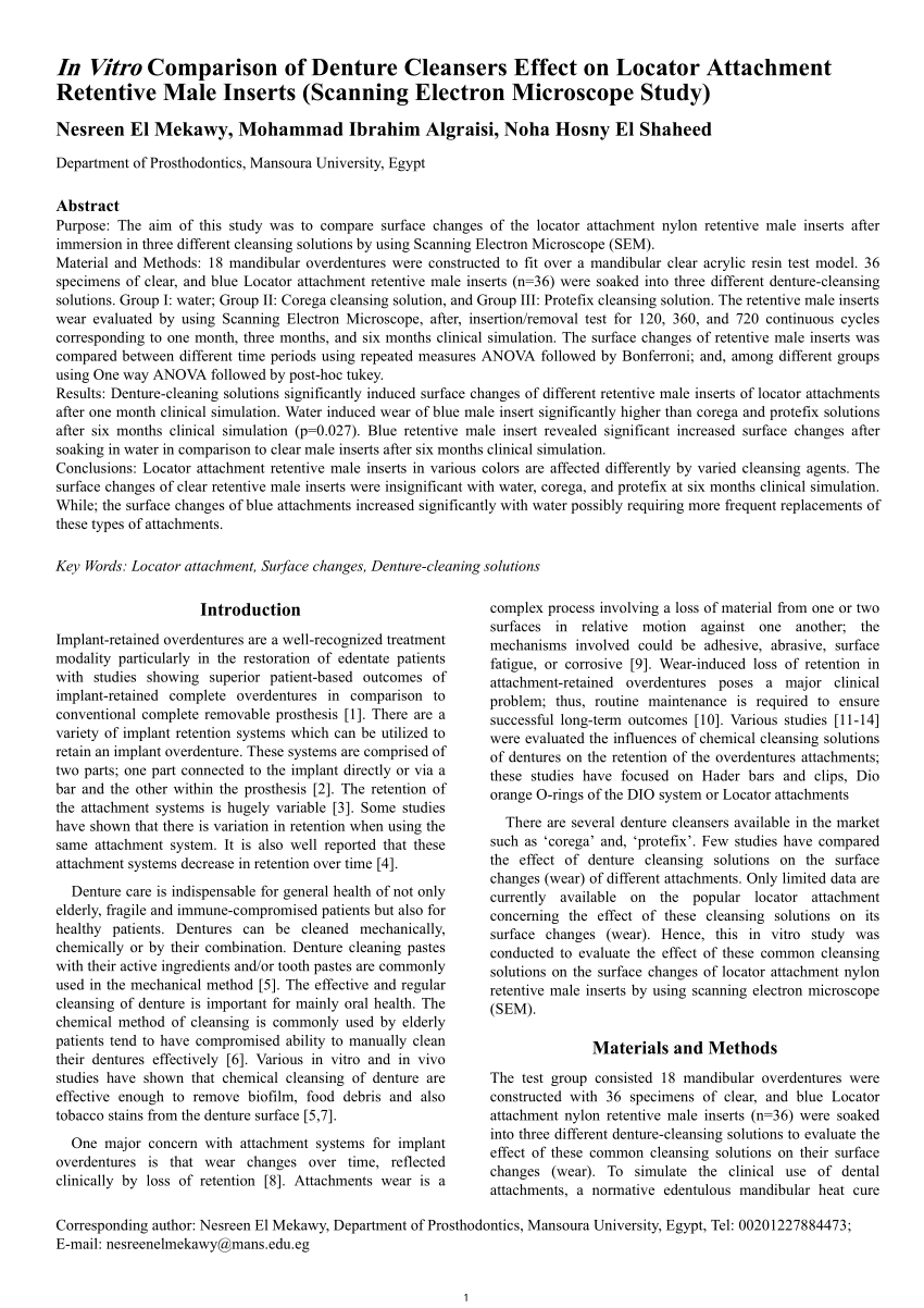 (PDF) In Vitro Comparison of Denture Cleansers Effect on Locator ...
