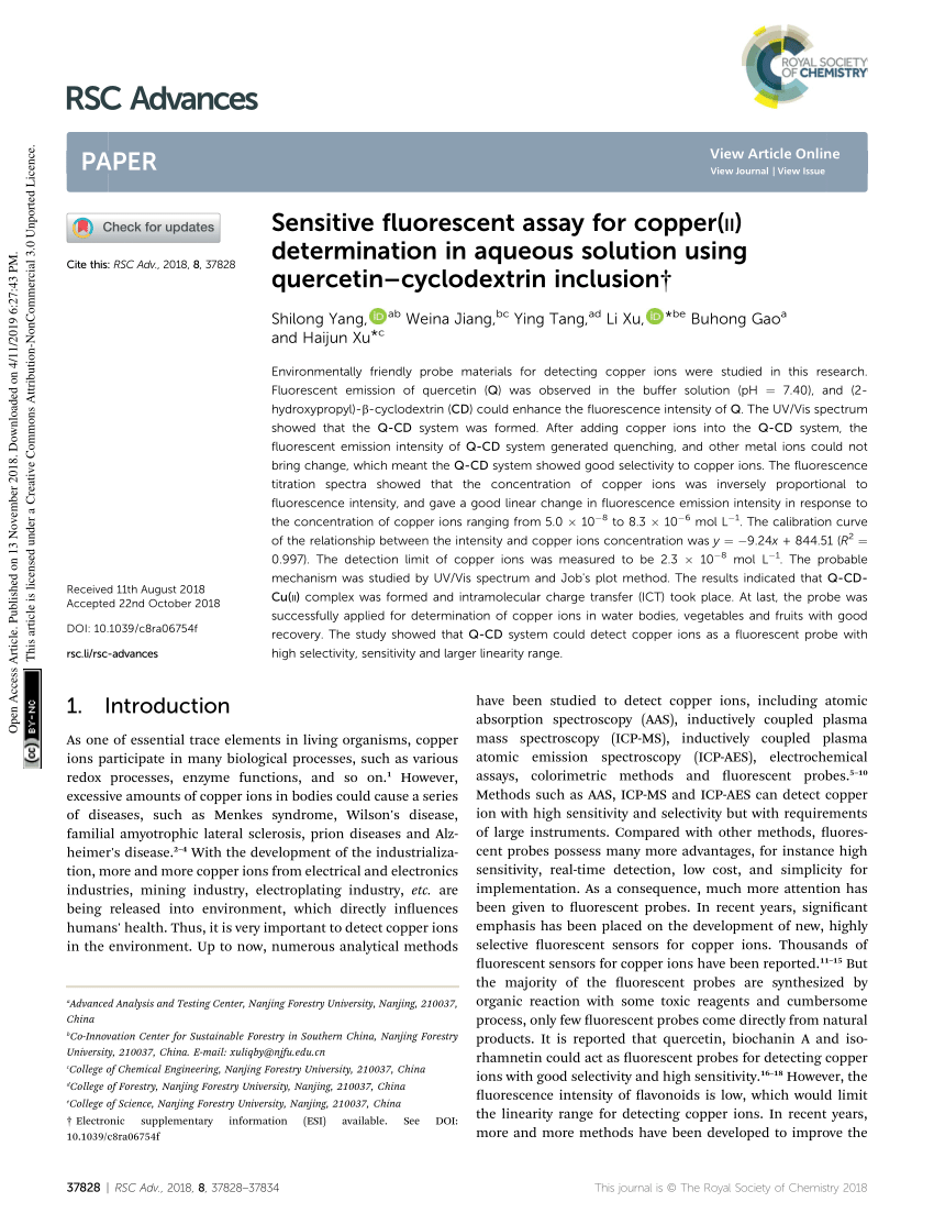 PDF) Sensitive fluorescent assay for copper( ii ) determination in 