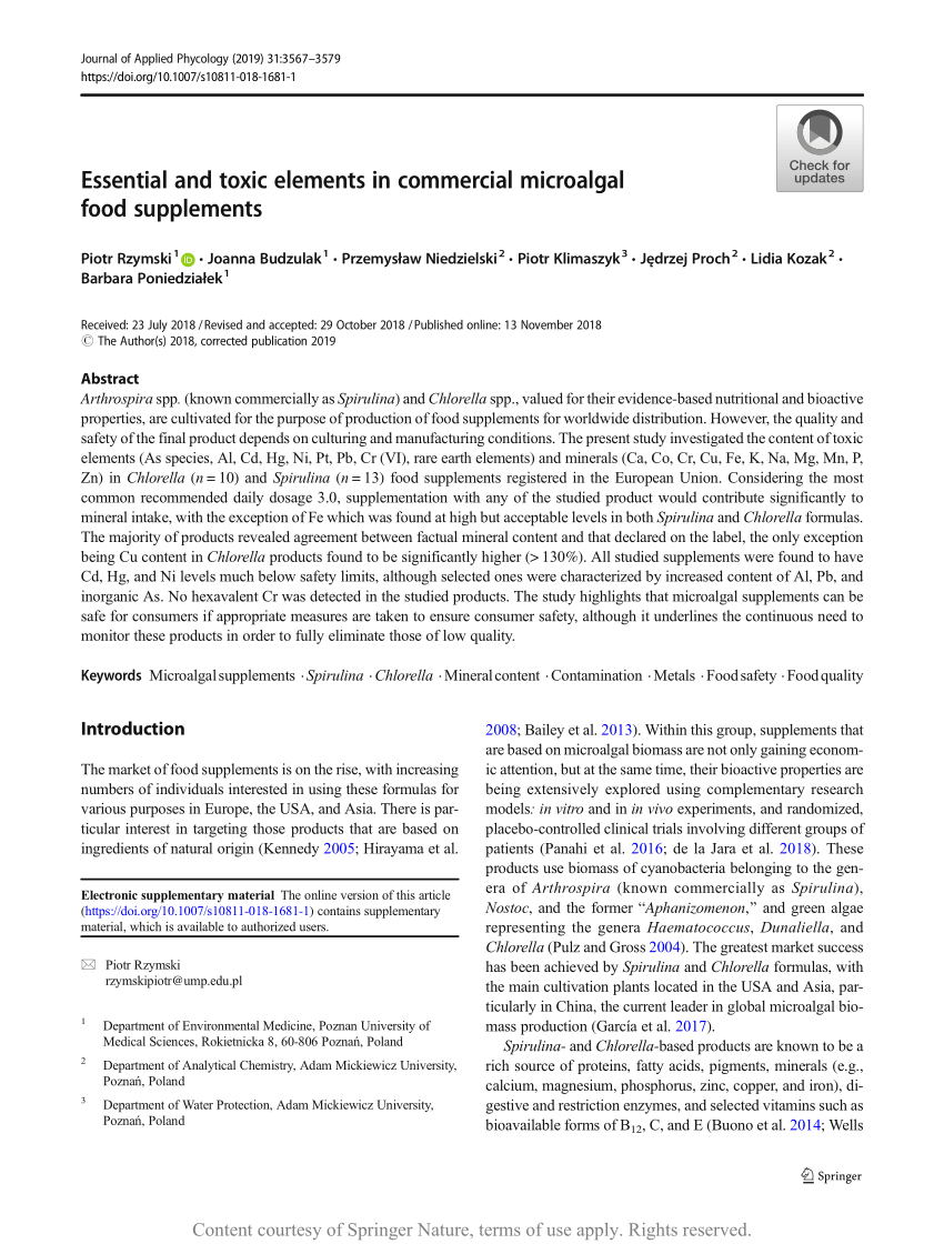 PDF) Essential and toxic elements in commercial microalgal food supplements