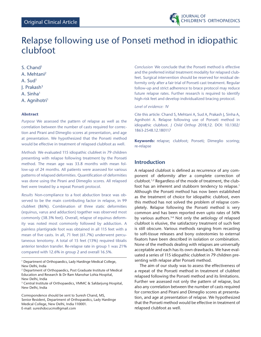 Pdf Relapse Following Use Of Ponseti Method In Idiopathic Clubfoot