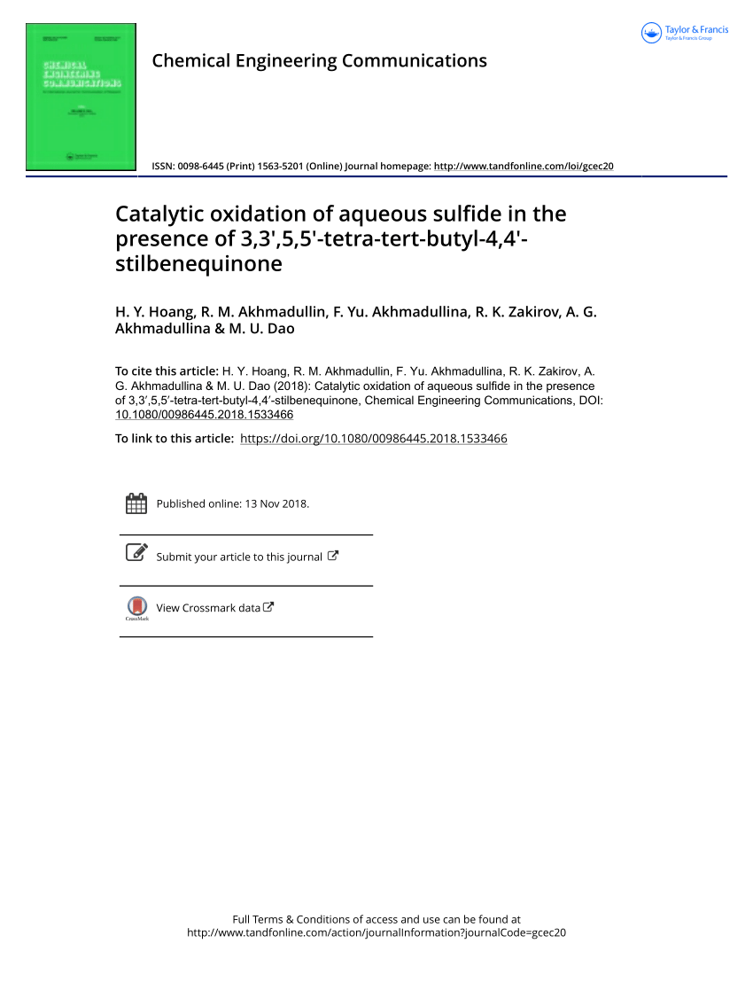Pdf Catalytic Oxidation Of Aqueous Sulfide In The Presence Of 3 3 5 5 Tetra Tert Butyl 4 4 Stilbenequinone