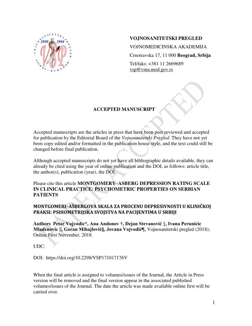 Pdf Montgomery Asberg Depression Rating Scale In Clinical Practice Psychometric Properties On Serbian Patients