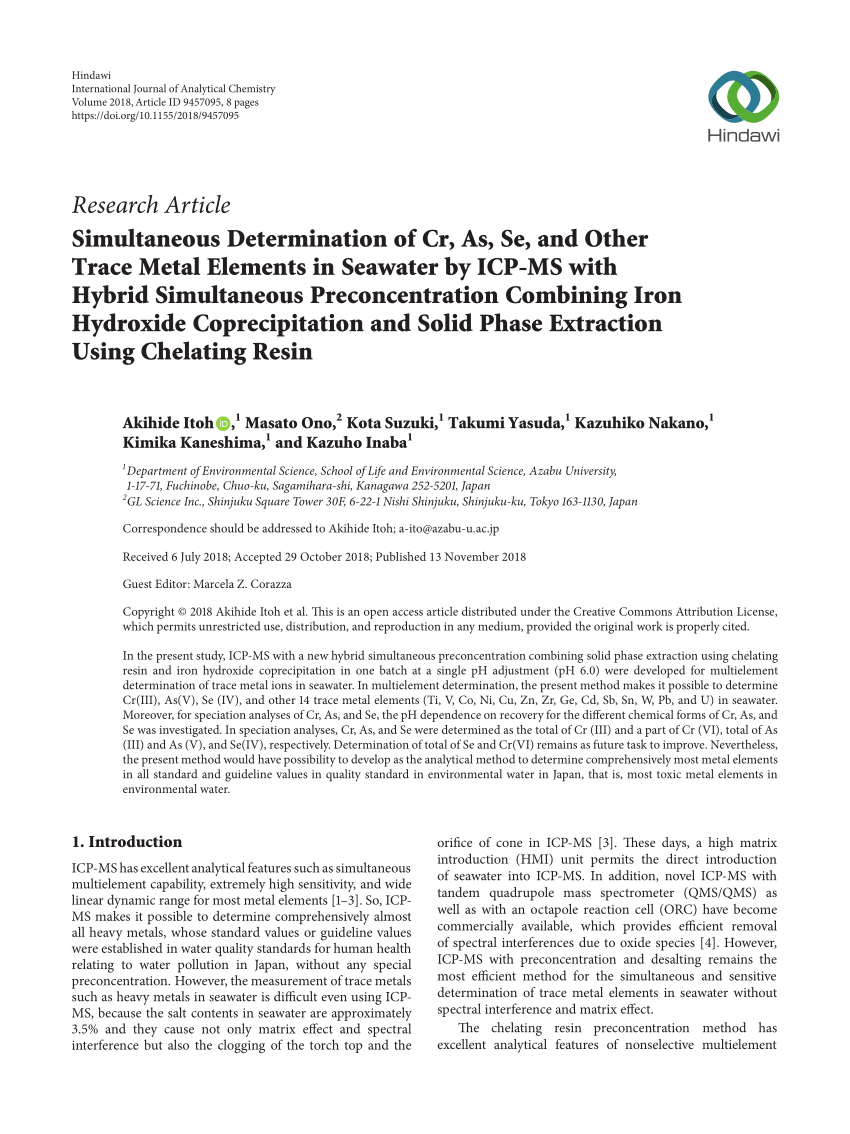 Pdf Simultaneous Determination Of Cr As Se And Other Trace Metal Elements In Seawater By Icp Ms With Hybrid Simultaneous Preconcentration Combining Iron Hydroxide Coprecipitation And Solid Phase Extraction Using Chelating Resin