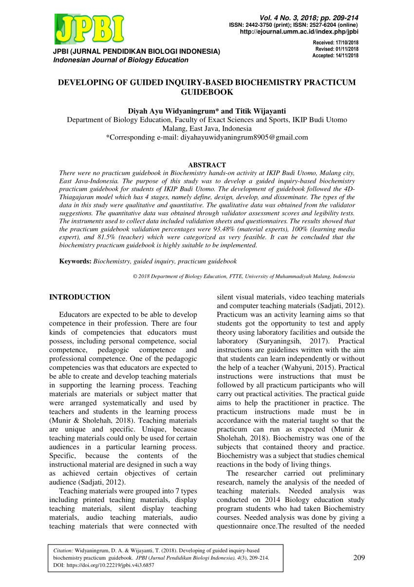 Pdf Developing Of Guided Inquiry Based Biochemistry Practicum Guidebook