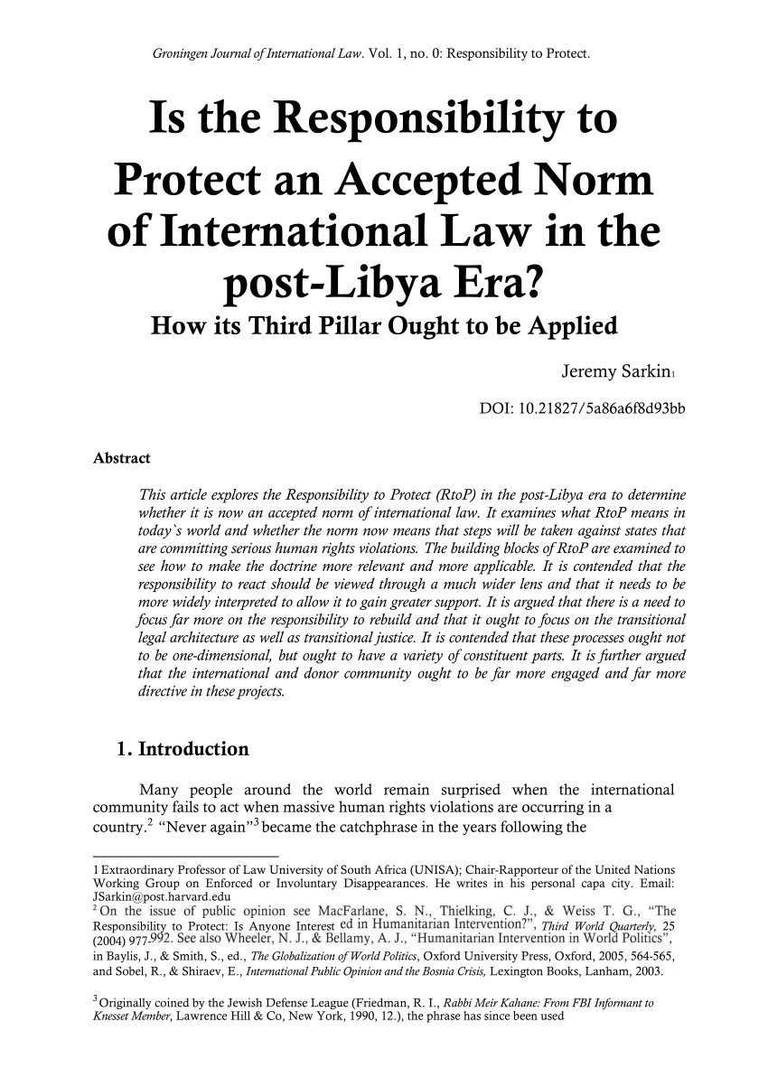 Pdf Is The Responsibility To Protect An Accepted Norm Of International Law In The Post Libya Era