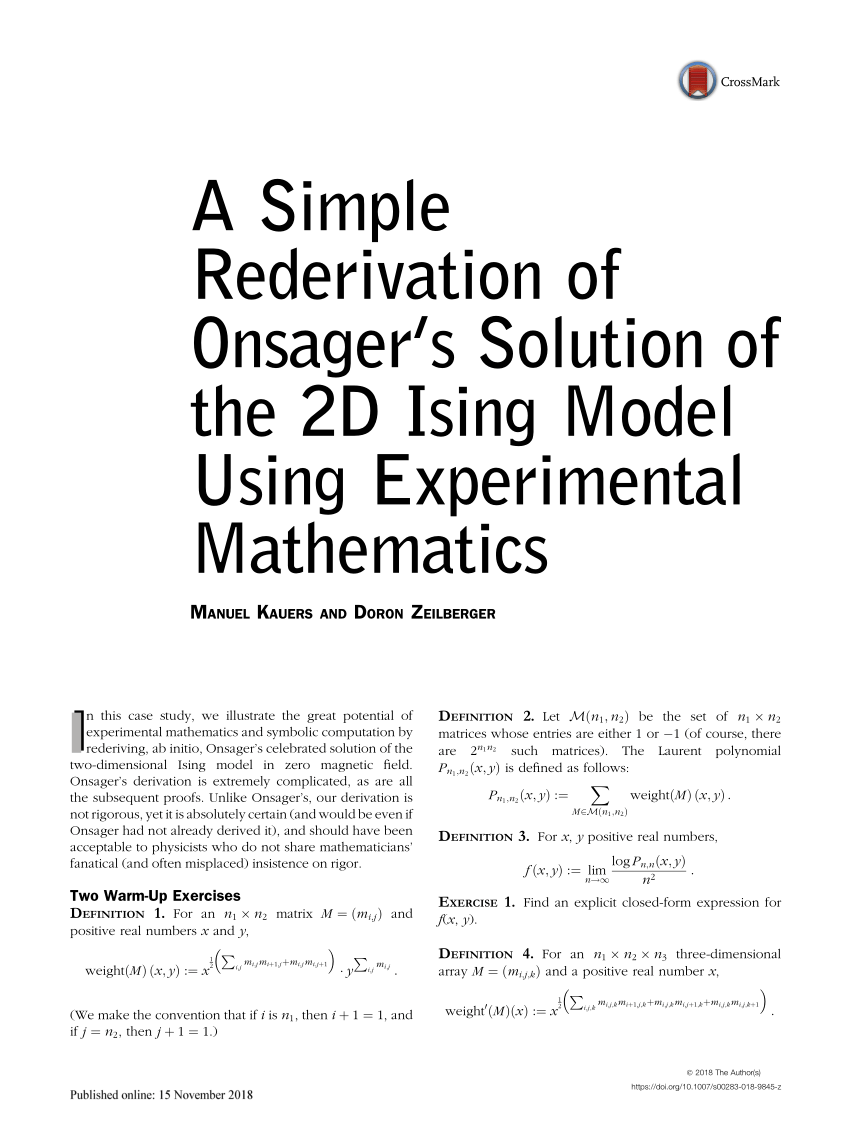 Pdf A Simple Rederivation Of Onsager S Solution Of The 2d Ising Model Using Experimental Mathematics