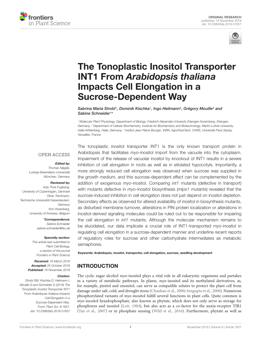 PDF) The Tonoplastic Inositol Transporter INT1 From Arabidopsis ...