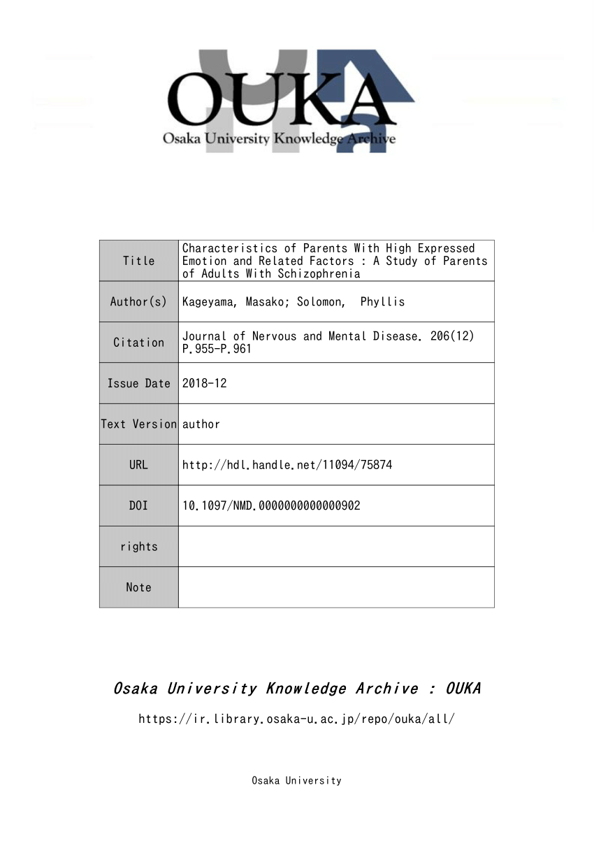 Pdf Characteristics Of Parents With High Expressed Emotion And Related Factors A Study Of Parents Of Adults With Schizophrenia