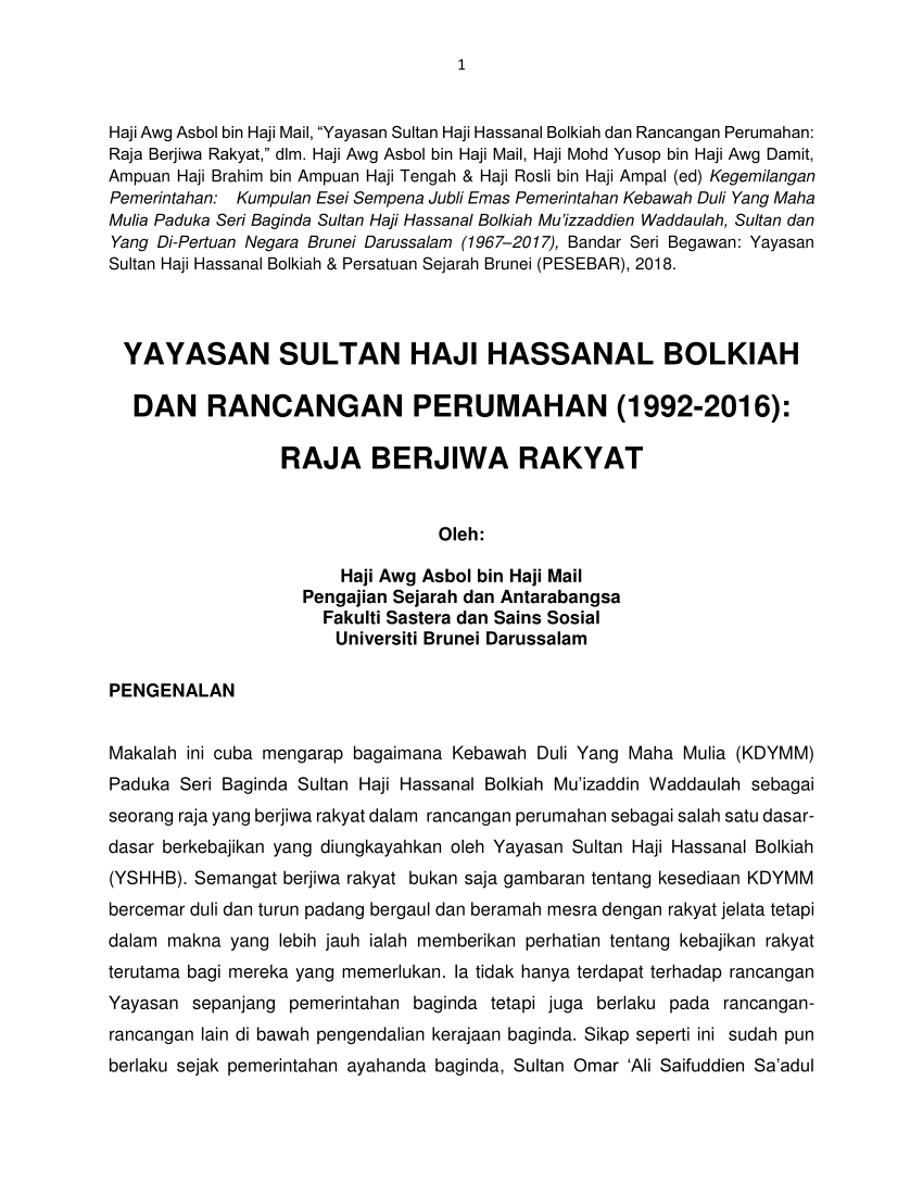 Pdf Yayasan Sultan Haji Hassanal Bolkiah Dan Rancangan Perumahan Raja Berjiwa Rakyat