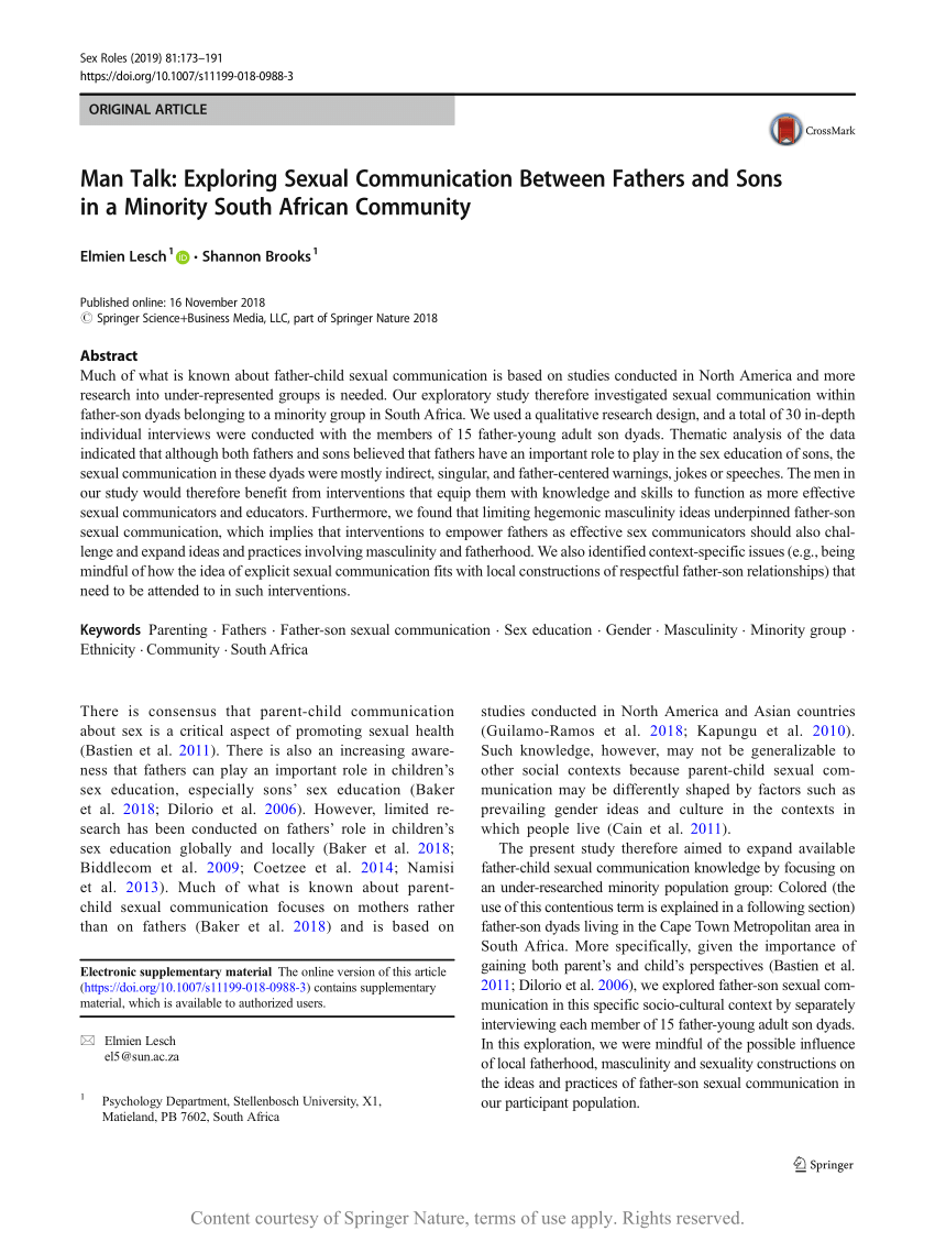 Man Talk: Exploring Sexual Communication Between Fathers and Sons in a  Minority South African Community | Request PDF
