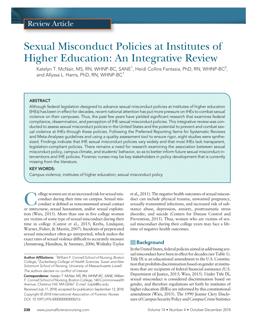 Pdf Sexual Misconduct Policies At Institutes Of Higher Education An Integrative Review