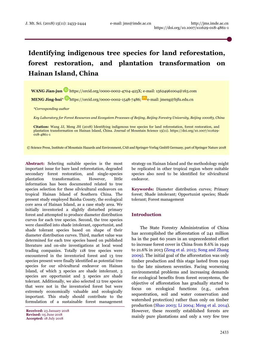 Pdf Identifying Indigenous Tree Species For Land Reforestation Forest Restoration And Plantation Transformation On Hainan Island China