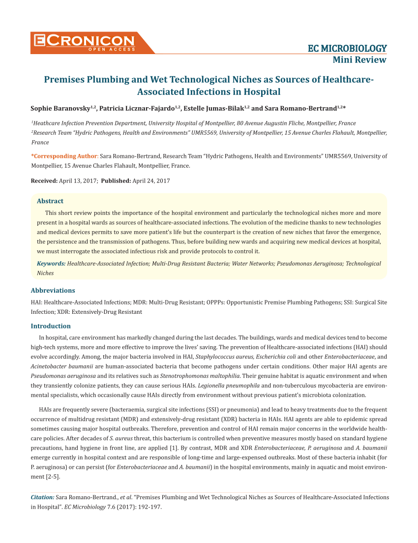 Pdf Premises Plumbing And Wet Technological Niches As Sources Of Healthcare Associated Infections In Hospital