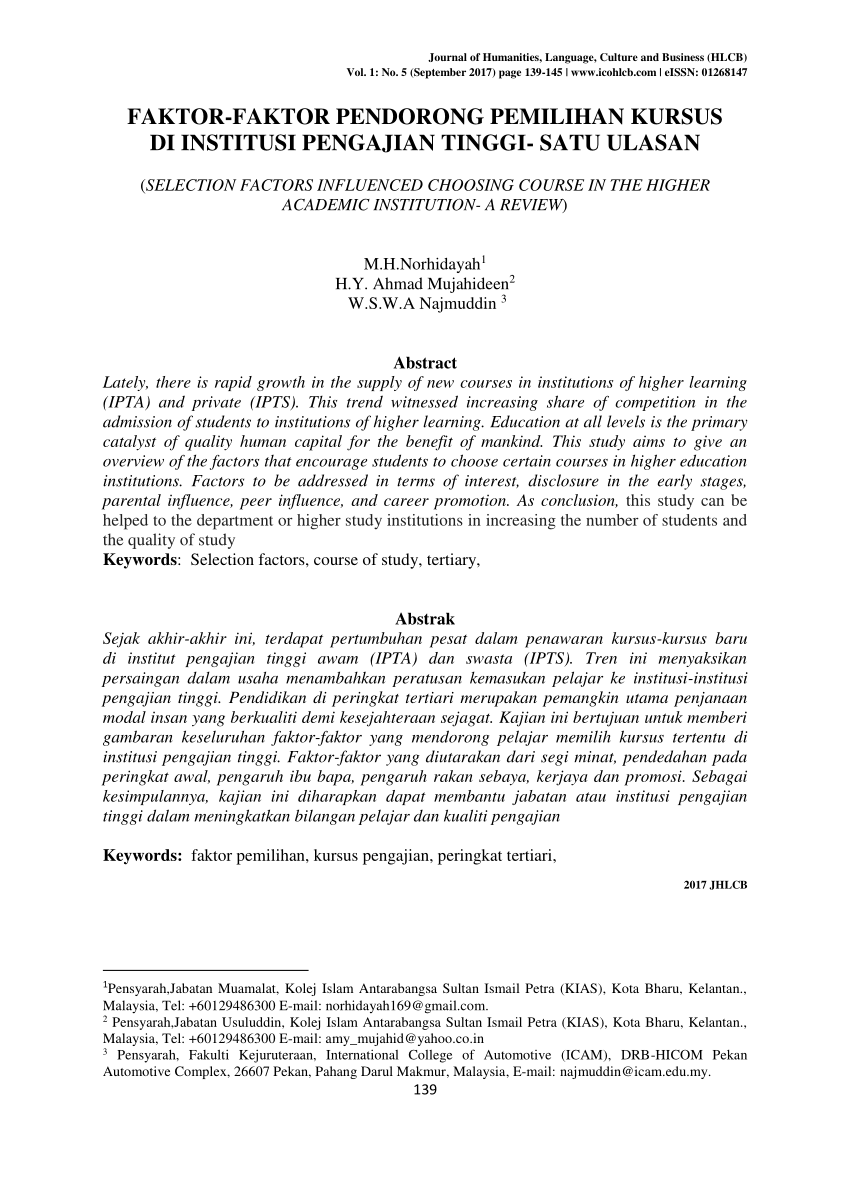 Pdf Faktor Faktor Pendorong Pemilihan Kursus Di Institusi Pengajian Tinggi Satu Ulasan