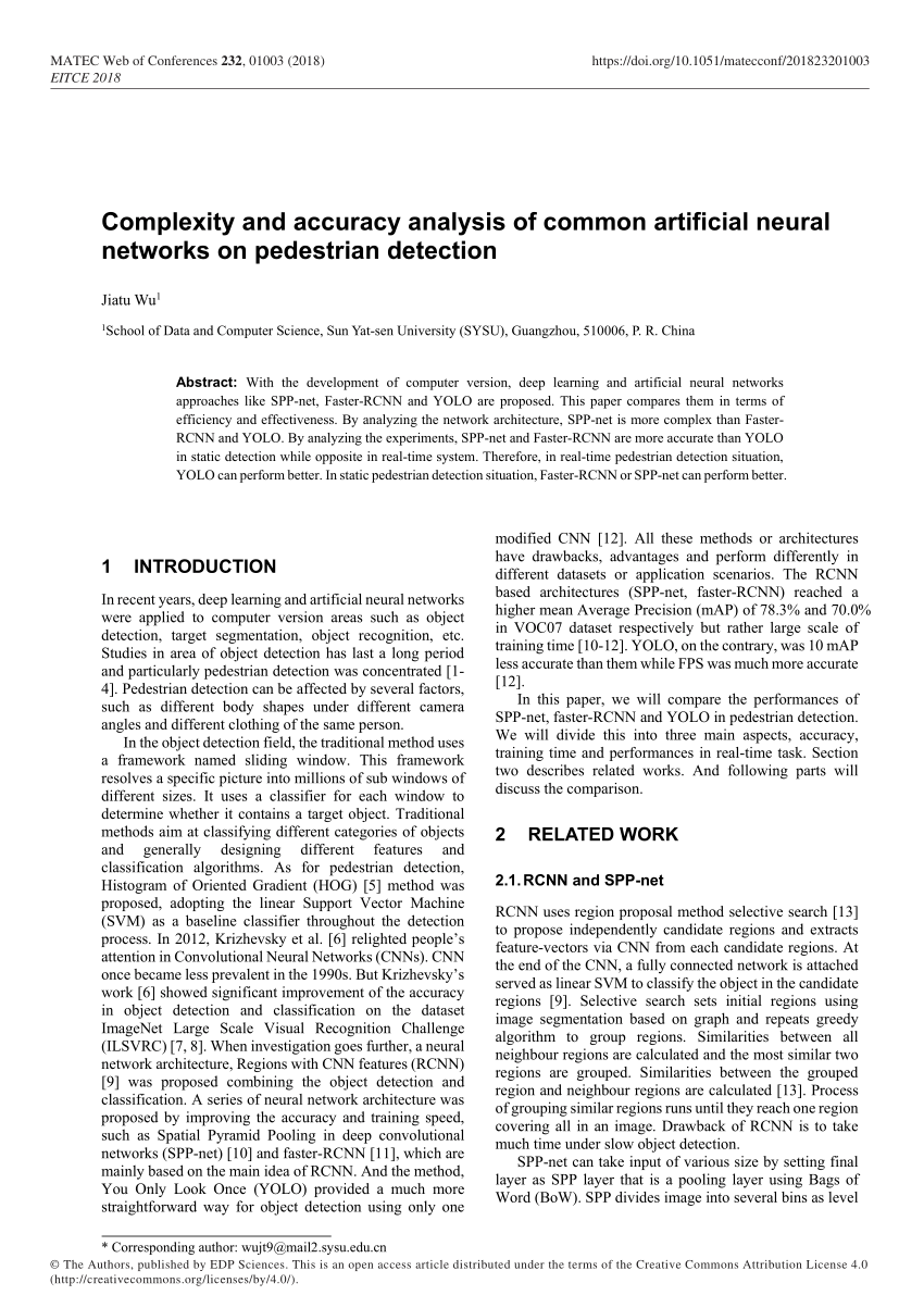 Pdf Complexity And Accuracy Analysis Of Common Artificial Neural Networks On Pedestrian Detection